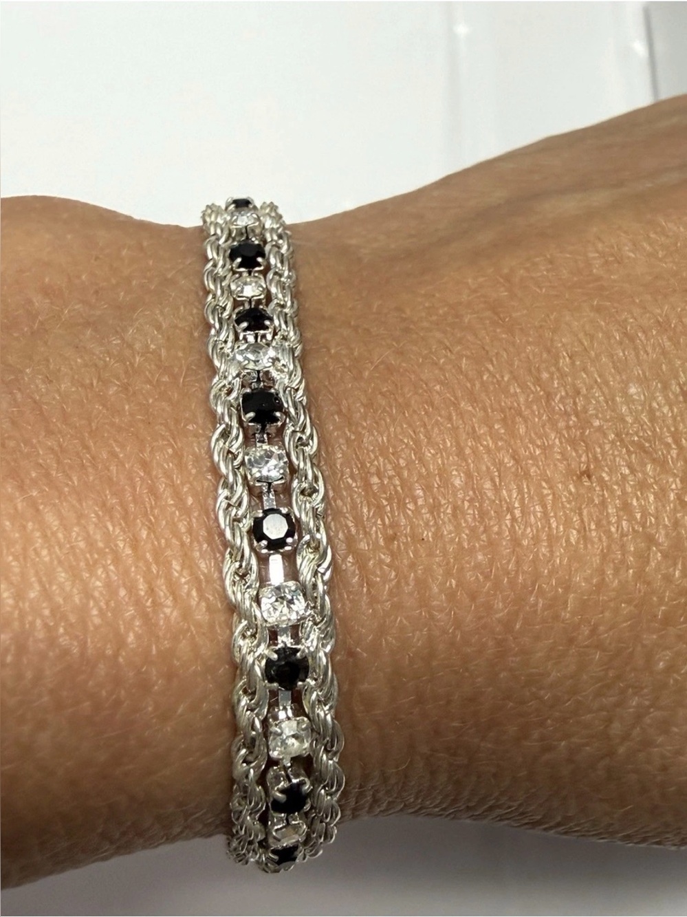 Vintage Silver Tone Black And Clear Rhinestone Tennis Bracelet Double Rope Chain